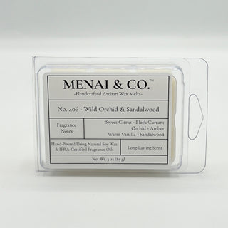wax melts No. 406 Wild Orchid and Sandalwood clamshell white background centered