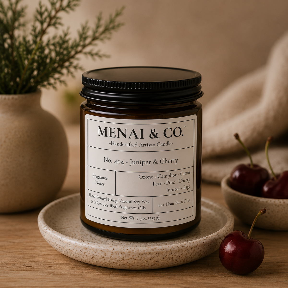 No. 404 – Juniper & Cherry Soy Candle | Menai & Co.