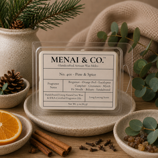 Pine and spice soy wax melts in six-cavity clamshell styled with evergreen branches, eucalyptus, orange slices, cinnamon sticks, and warm neutral decor