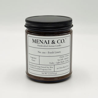 soy candle No. 201 Fresh Linen amber jar white background centered