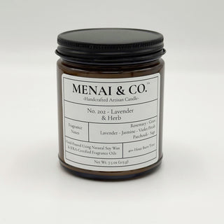 soy candle No. 202 Lavender and Herb amber jar white background centered