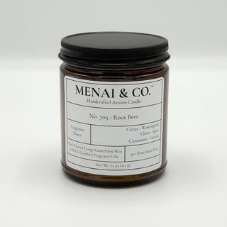 soy candle No. 703 Root Beer amber jar white background centered