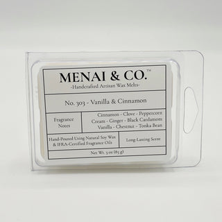 wax melts No. 303 Vanilla and Cinnamon clamshell white background centered
