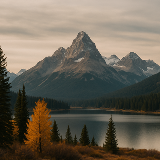 Mountain landscape with a lake and trees at sunset