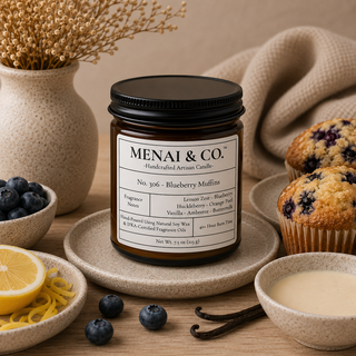 Blueberry muffins soy candle in amber glass jar styled with fresh blueberries, lemon zest, vanilla beans, warm muffins, and soft neutral decor