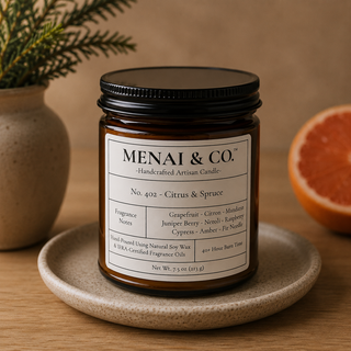 Citrus and spruce soy candle in amber glass jar styled with evergreen branches, grapefruit, and warm neutral decor