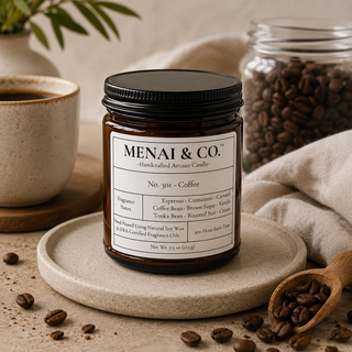 Coffee soy candle in amber glass jar styled with roasted coffee beans, ceramic coffee mug, linen fabric, and warm neutral decor