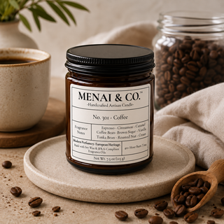 Coffee soy candle in amber glass jar styled with roasted coffee beans, ceramic coffee mug, linen fabric, and warm neutral decor