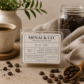 Coffee soy wax melts in six-cavity clamshell styled with roasted coffee beans, ceramic coffee mug, linen fabric, and warm neutral decor