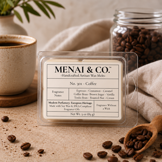 Coffee soy wax melts in six-cavity clamshell styled with roasted coffee beans, ceramic coffee mug, linen fabric, and warm neutral decor