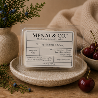 Juniper and cherry soy wax melts in six-cavity clamshell styled with evergreen branches, dark cherries, and warm neutral decor