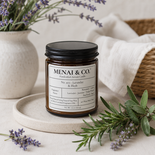 Lavender and Herb soy candle in amber glass jar styled with fresh lavender, rosemary sprigs, and folded white linens