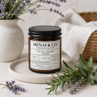 Lavender and Herb soy candle in amber glass jar styled with fresh lavender, rosemary sprigs, and folded white linens