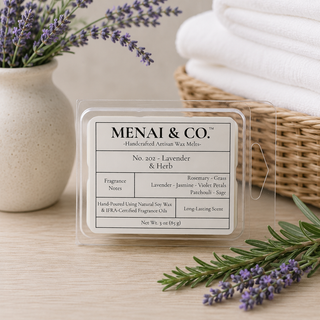 Lavender and Herb soy wax melts in six-cavity clamshell styled with fresh lavender, rosemary sprigs, and folded white linens
