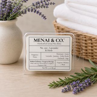 Lavender and Herb soy wax melts in six-cavity clamshell styled with fresh lavender, rosemary sprigs, and folded white linens
