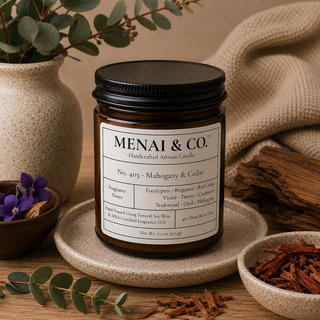 Mahogany and cedar soy candle in amber glass jar styled with eucalyptus, cedarwood, and warm neutral decor