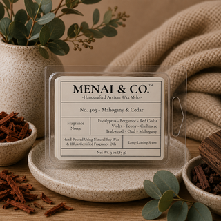 Mahogany and cedar soy wax melts in six-cavity clamshell styled with eucalyptus, cedarwood, and warm neutral decor