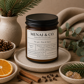Pine and spice soy candle in amber glass jar styled with evergreen branches, eucalyptus, orange slices, cinnamon sticks, and warm neutral decor