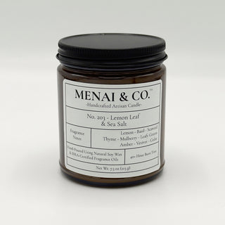 soy candle No. 203 Lemon Leaf and Sea Salt amber jar white background centered