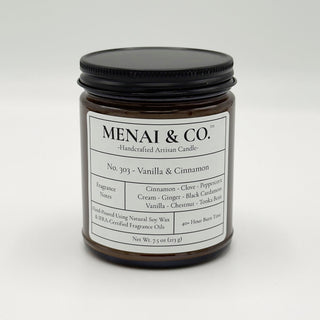 soy candle No. 303 Vanilla and Cinnamon amber jar white background centered