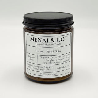 soy candle No. 401 Pine and Spice amber jar white background centered