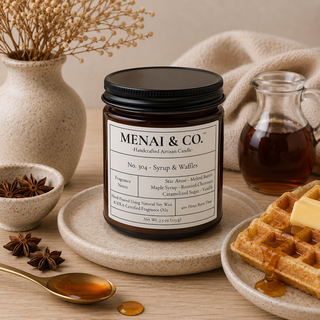 Syrup and waffles soy candle in amber glass jar styled with maple syrup, waffles, star anise, soft linen, and warm neutral decor